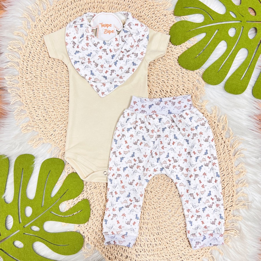 Conj. Body Manga Curta, Babador Bandana e Calça Dinossauros Babys - Off White e Areia